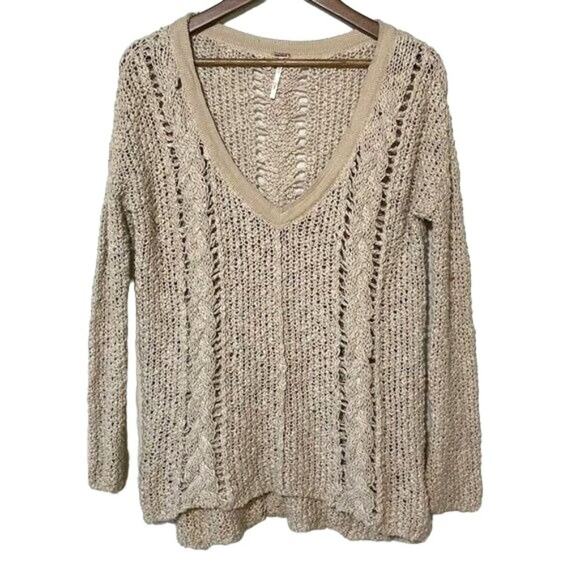 Free People | Oversized V-Neck Open Knit Sweater Beige Cotton Blend | Small - Picture 1 of 10